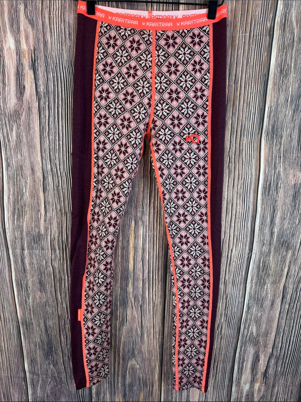 Kari Traa Pink Patterned Thermal Leggings with Burgundy Sides